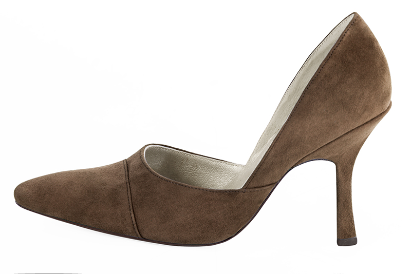 Chocolate brown women's open arch dress pumps. Tapered toe. Very high spool heels. Profile view - Florence KOOIJMAN